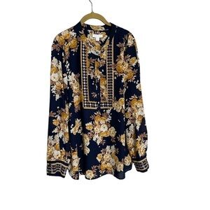 Charter Club Navy Blue Gold Floral Long Sleeve Blouse XXL